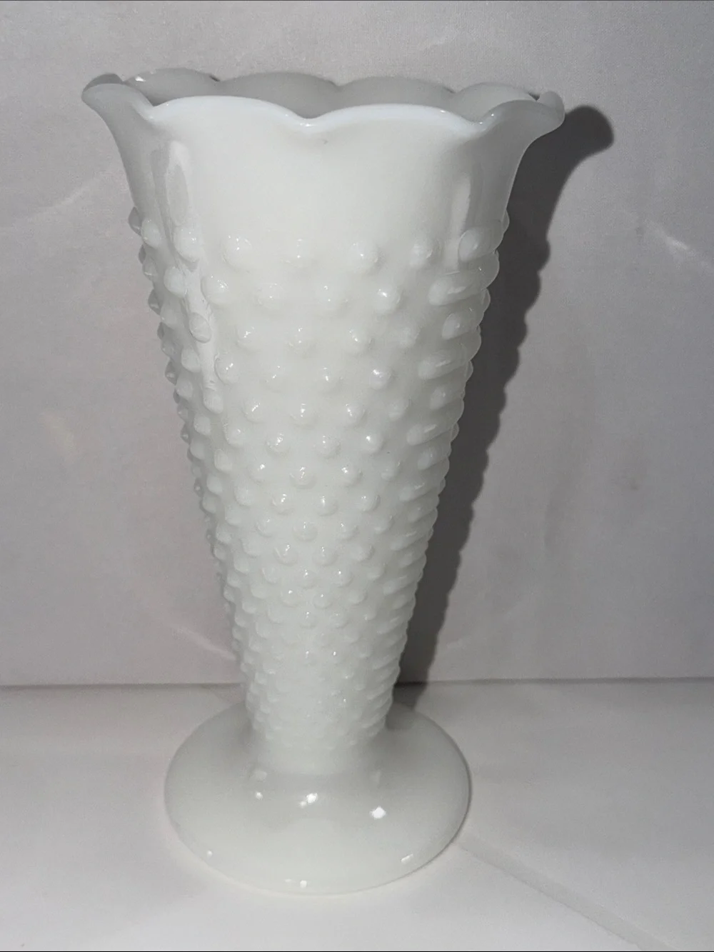 Vintage Anchor Hocking Milk Glass Hobnail Trumpet Vase 9.25